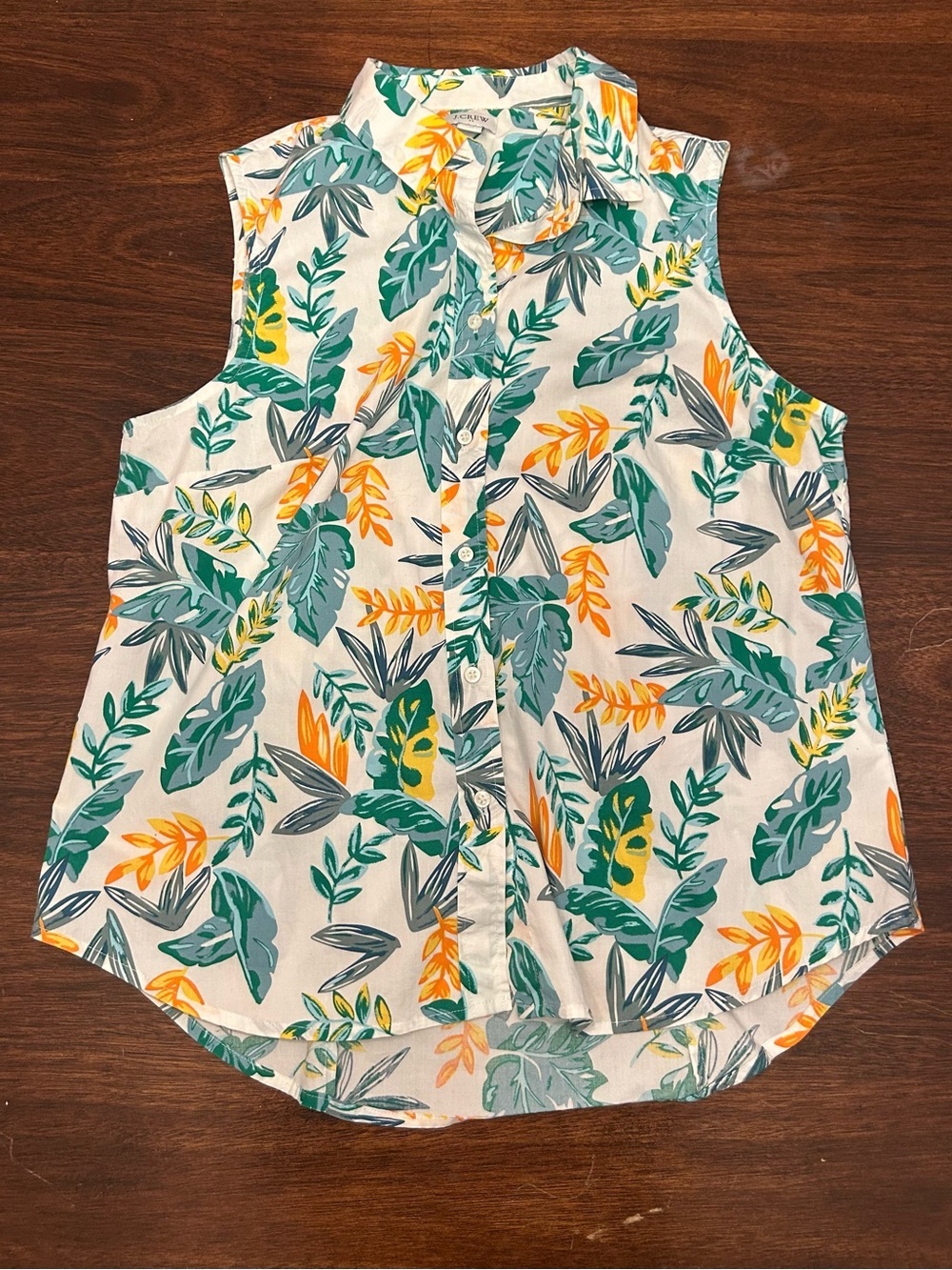 J. Crew Sleeveless Button-Front Tropical Leaf Blouse in White, Green, Yellow
